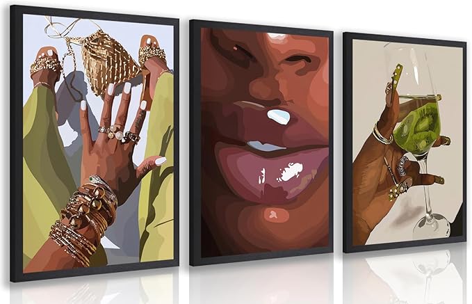 Hianan Black Girl Canvas Wall Art Set of 3, Wood Framed African American Woman Wall Decor, Fashion Black Women Poster Prints, Abstract Black Girl Aesthetic Pictures for Living Room Bedroom 12"x16"