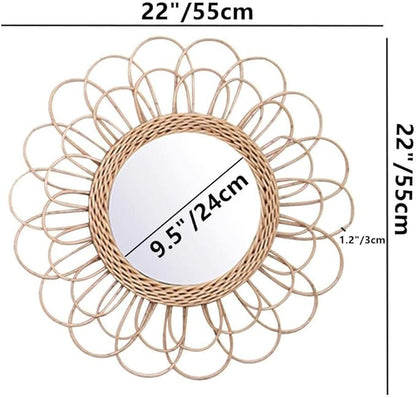 OYPEIP 22" Large Rattan Innovative Art Decoration Round Makeup Mirror Dressing Bedroom Bathroom Wall Hanging Mirrors Craft Photo Props,Glass Decor