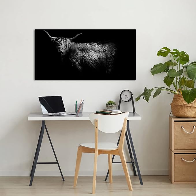 LevvArts Black and White Wall Art Canvas Highland Cow Pictures Painting Farm Animal Portrait Art Poster Artwork for Living Room Bedroom Modern Home Decor Ready to Hang 24"x48"