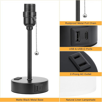 Bedside Table lamp for Bedroom Set of 2 - 3 Color Temperatures Small Lamps with USB C and A Ports, Pull Chain Table Lamps with AC Outlet, White Nightstand Lamps with Black Metal Base for Kids Reading