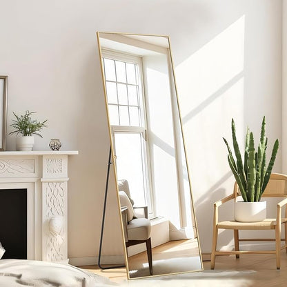 Full Length Floor Mirror, 15.75"x59" Full Body Standing Mirrors with Shatter-Proof Glass, Floor or Wall Mount, Hanging or Leaning, Aluminum Alloy Frame for Home Decor, Gold