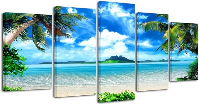 Pyradecor Modern 5 Panels Blue Sea Beach Pictures Paintings on Canvas Wall Art Stretched Contemporary Landscape Ocean Canvas Prints Artwork for Bedroom Home Decorations