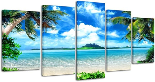 Pyradecor Modern 5 Panels Blue Sea Beach Pictures Paintings on Canvas Wall Art Stretched Contemporary Landscape Ocean Canvas Prints Artwork for Bedroom Home Decorations