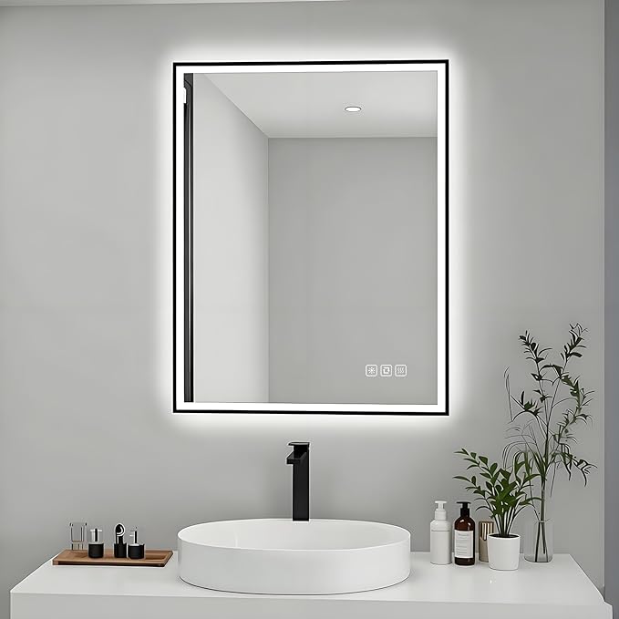 20x28 inches Rectangular Aluminum Black Framed LED Mirror, Smart Bathroom Mirror with Lights, Anti-Fog, Tempered Glass, 3 Colors Dimmable, Front and Backlit, Wall Mounted, Memory