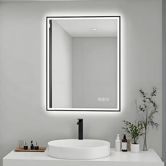 24x32 inches Rectangular Aluminum Black Framed LED Mirror, Smart Bathroom Mirror with Lights, Anti-Fog, Tempered Glass, 3 Colors Dimmable, Front and Backlit, Wall Mounted, Memory