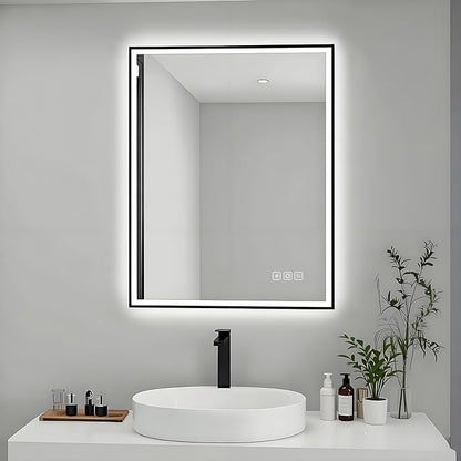 18 * 24 inches Rectangular Aluminum Black Framed LED Mirror, Smart Bathroom Mirror with Lights, Anti-Fog, Tempered Glass, 3 Colors Dimmable, Front and Backlit, Wall Mounted, Memory