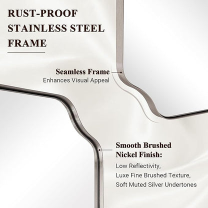 ANDY STAR 36x48 Inch Brushed Nickel Rectangle Mirror, Large Scalloped Bathrom Mirror for Wall, Rounded Notched Corner Designed, Anti-Rust Stainless Steel 1" Frame, Hangs Vertically/Horizontally