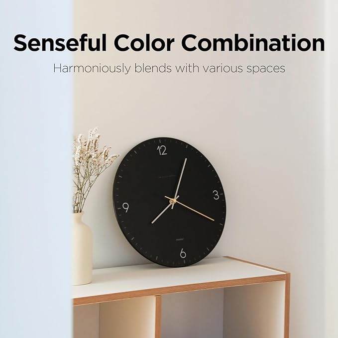 mooas Flatwood Wall Clock,12" Non-Ticking Sweep Movement Decorative Battery Operated Wall Clock for Home Living Room Kitchen Bedroom Office School (Simple Black)