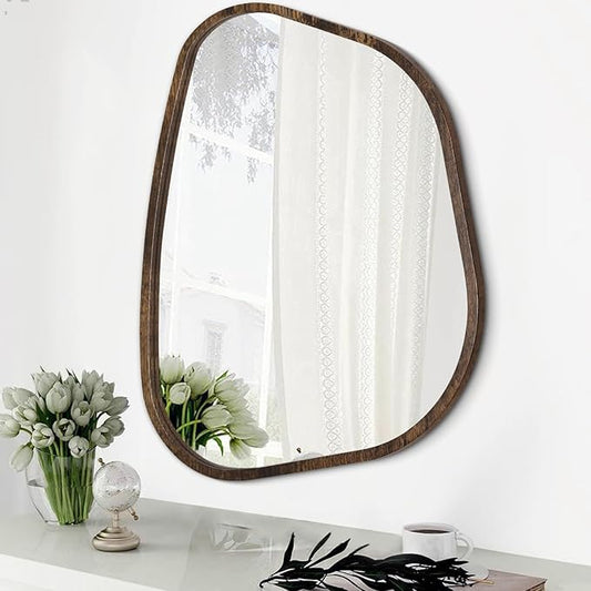 Asymmetrical Accent Mirror for Wall Irregular Oval Wood Frame Modern Unique Wall Mirrors Decorative Boho Vanity Bathroom Living Room Bedroom Entryway Hallway Artistic Wavy Mirror Small 16"x12"