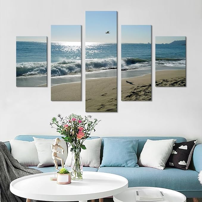 Yatsen Bridge Beach Wave Ocean Painting on Canvas 5 Piece Beach Wall Art Modern Landscape Scenery Posters and Prints Pictures for Living Room Bedroom Canvas Art Set Framed Ready to Hang (60x40 Inch)