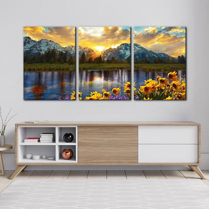3 Pieces Mountain Canvas Wall Art for Living Room Nature Landscape Picture Sunflower Wall Decor for Bedroom Home Decoration Sunrise Grand Teton National Park Painting Framed Artwork - 20"x28"x3 Panels