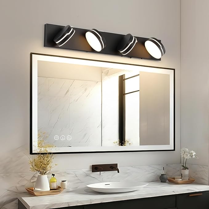 26In Motion Sensor Vanity Light, Matte Black 3CCT 4-Light Modern LED Bathroom Lighting Fixtures Over Mirror, Dimmable Rotatable Head Wall Sconce, 3000K-6000K Color Selectable