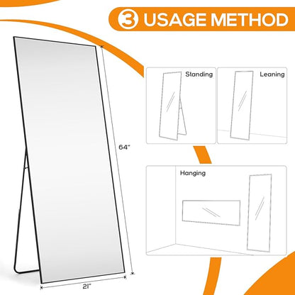 Mirror Full Length, Upgraded 21"x64" Body Wall Mirrors with Shatter-Proof Glass, Floor Standing, Hanging or Leaning, Large Tall Mirror with Stand Aluminum Alloy Frame for Bedroom Cloakroom
