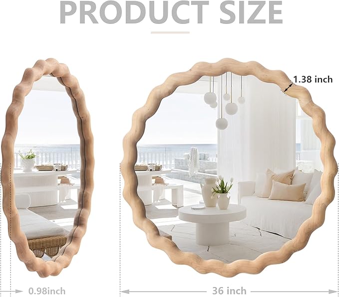 Irregular Wall Mirror,Wood Round Farmhouse Mirror Unique Vanity Mirror,36" Nature Wooden Modern Bathroom Mirror for Washroom Living Room Bedroom