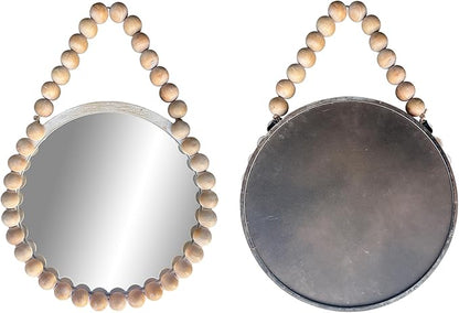 POZINO Wood Beaded Mirror, 20" Boho Round Mirror for Wall, Farmhouse Hanging Rustic Mirrors with Rope, Spherical Frame Circle Mirrors for Bathroom Bedroom Living Room Hallway Fireplace