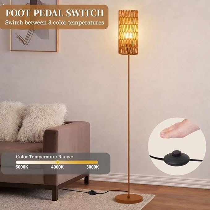 Ruiever Floor Lamp for Living Room,Farmhouse Floor lamp,Modern Standing lamp with Hand-Worked Rattan Shade (Brown Body with 3 Color Bulb)
