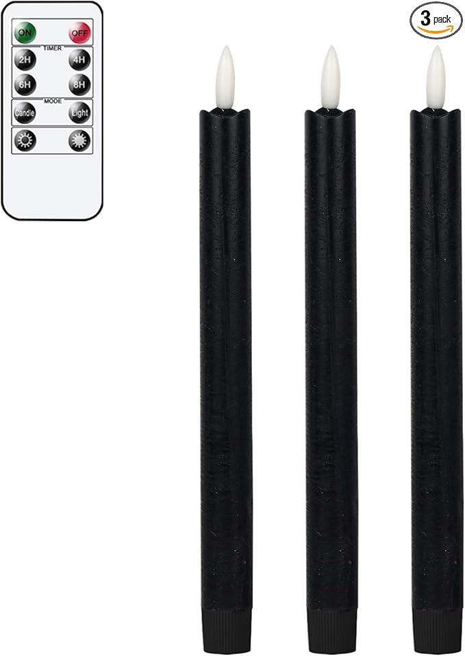 GenSwin Black Flameless Taper Candles with Remote, Halloween Flameless Candles Battery Operated, LED Halloween Candlesticks with 3D Wick for Home Decor(Set of 3, 0.78” x 9.6”)