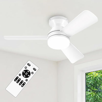 35" White Ceiling Fans with Lights and Remote, Low Profile Ceiling Fan with Light, Reversible DC Motors, 3CCT Dimmable Timer Noiseless, Flush Mount Ceiling Fan for Bedroom/Living Room