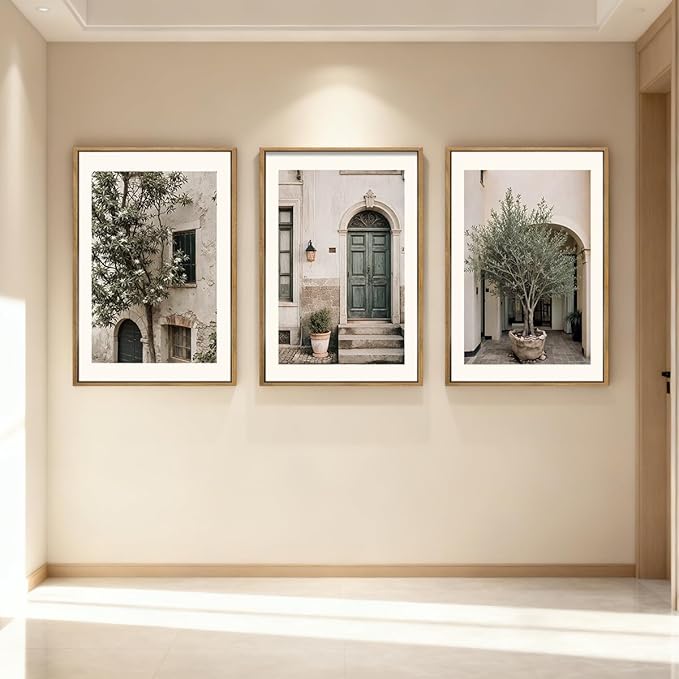 HPNIUB Large Vintage Italy City Landscape Framed Canvas Wall Art Set, Olive Green Tree Country Wall Decor, Modern Minimalist Countryside Villages Picture for Living Room,Bedroom,Office-24 x36 x3