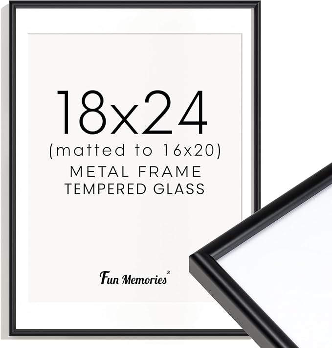 Fun Memories Black Picture Frame 18x24, Aluminum Picture Frame 18"x24", 18 x 24 Poster Frame with Mat & Real Glass, 18 by 24 Black Frame, 18x24 Frame with Mat for 16x20