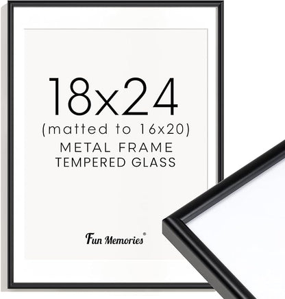 Fun Memories Black Picture Frame 18x24, Aluminum Picture Frame 18"x24", 18 x 24 Poster Frame with Mat & Real Glass, 18 by 24 Black Frame, 18x24 Frame with Mat for 16x20