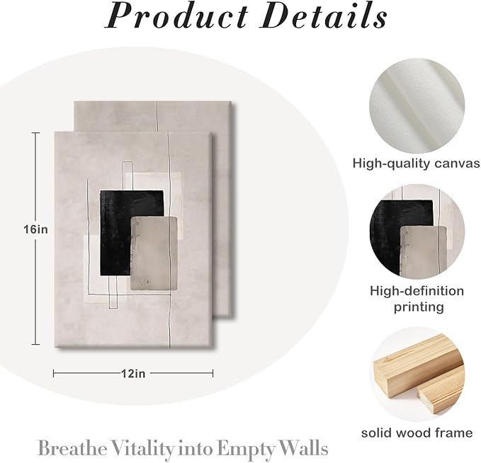 Kdyudo 2 Pcs Large Minimalist Block Line Canvas Framed Wall Art Neutral Abstract Print Poster Wall Decor Black Beige And Brown Geometric Square Line Painting Pictures Living Room Bedroom 12x16 Inch