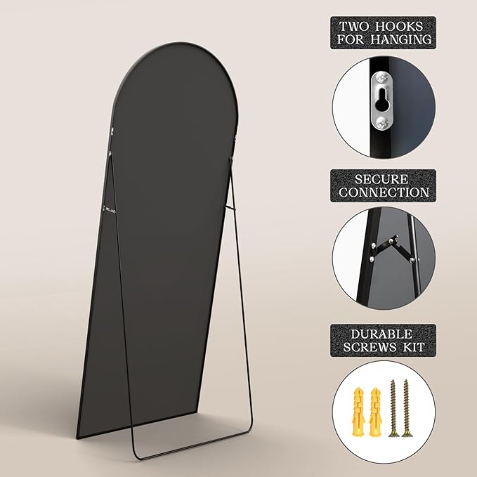 MISSDAY 64"x21" Arched Full Length Mirror, Full Body Mirror with Stand, Floor Mirror Long Free Standing, Leaning or Hanging, Aluminum Thin Frame Wall-Mounted Mirrors Wall Mirrors for Bedroom, Black