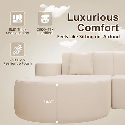 MELLCOM Modern Curved Boneless Sofa Couch, L-Shaped Corner Sofa, No Assembly Needed, Chenille Upholstered Cloud Sectional Couch for Living Room, Bedroom and Apartment (Beige, Left Hand Facing)