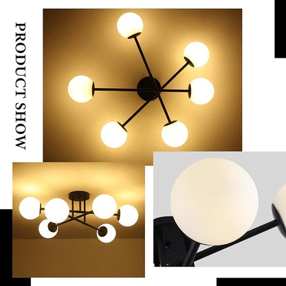 6-Light Glass Sputnik Chandeliers Black Sputnik Ceiling Light Fixture with Milk White Glass Globe Flush Mount Ceiling Light Fixture for Dining Room Farmhouse Kitchen Living Room Bedroom