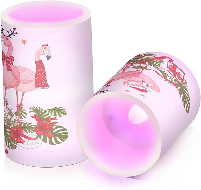 ALAZA Pink Flamingo Merry Christmas Happy New Year Flickering Flameless Candles Battery Operated with Remote Timer,Tea Light Candles LED Pillar Votive Candles Set of 2 for Outdoor Indoor Decorations
