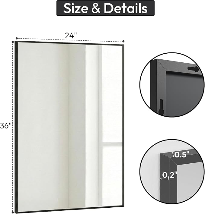 24" x36" Matte Black Wall Mirror for Bathroom, 36" x 24" Metal Framed Vanity Mirror, Modern Minimalist Rectangular Decor for Entryway, Vertical/Horizontal Hang