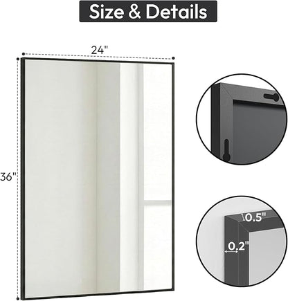 24" x36" Matte Black Wall Mirror for Bathroom, 36" x 24" Metal Framed Vanity Mirror, Modern Minimalist Rectangular Decor for Entryway, Vertical/Horizontal Hang