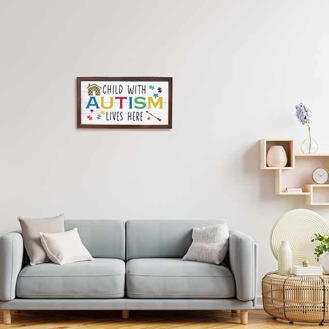 Autism Awareness Wood Sign, Decorative Wooden Wall Plaque, Autistic Decoration for Home Indoor Outdoor, Rustic Farmhouse Wall Decor, Child With Autism Lives Here Sign, 15×7.5×0.3 inches