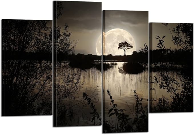 KREATIVE ARTS - 4 Pieces Canvas Prints Wall Art Big Moon over Lake in Dark Forest Modern Canvas Painting Landscape Picture Peaceful Jungle Poster Giclee Artwork For Home Decor