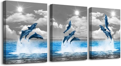 TTHYUEWS Canvas Wall Art For Bedroom Modern Wall Decor For Living Room Black and White Seascape Blue Ocean Wall Painting Animal Dolphin Abstract Pictures Artwork Bathroom Home Decor 3 Piece 12x16