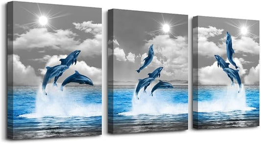 TTHYUEWS Canvas Wall Art For Bedroom Modern Wall Decor For Living Room Black and White Seascape Blue Ocean Wall Painting Animal Dolphin Abstract Pictures Artwork Bathroom Home Decor 3 Piece 12x16