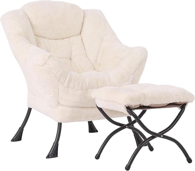 MBOOYOME Lazy Chair with Ottoman, Modern Accent Lounge Armchair with Side Pocket & Foldable Footstool, Leisure Reading Chair for Living Room, Bedroom, Dorm & Office, Plush Beige