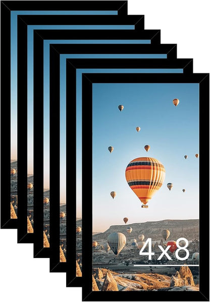 JCJMY 4x8 Black Picture Frame Set of 6, Horizontal and Vertical Formats for Wall Hanging, 4 x 8 Wall Gallery Poster Photo Frames with Shatter Resistant Plexiglass, 6 Pack, Black
