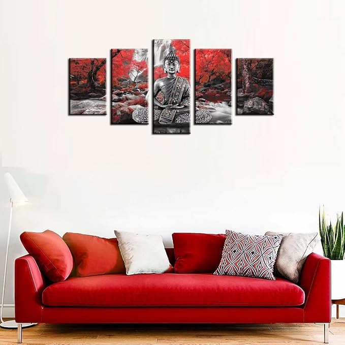AWLXPHY Decor Buddha Wall Art Canvas Waterfall Painting Framed 5 Panels for Living Room Decoration Modern Landscape Buddha Trees Zen Wall Art Giclee (Red, 40"x20")
