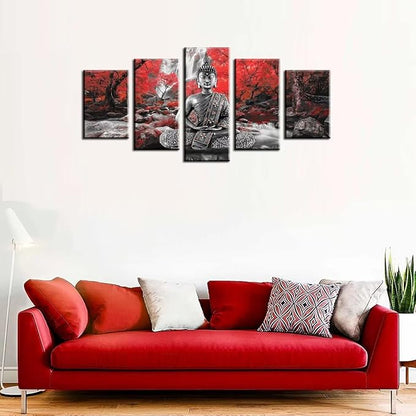 AWLXPHY Decor Buddha Wall Art Canvas Waterfall Painting Framed 5 Panels for Living Room Decoration Modern Landscape Buddha Trees Zen Wall Art Giclee (Red, 40"x20")