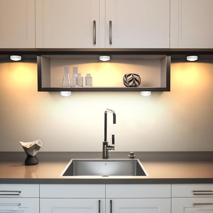 HELPLEX LED Puck Lights with Remote, 6 Pack Color Changing RGBW Stick-On Light, Battery Powered, Dimmable Under Cabinet Lighting with Timer & Memory, Wireless Push Lights for Kitchen & Closet
