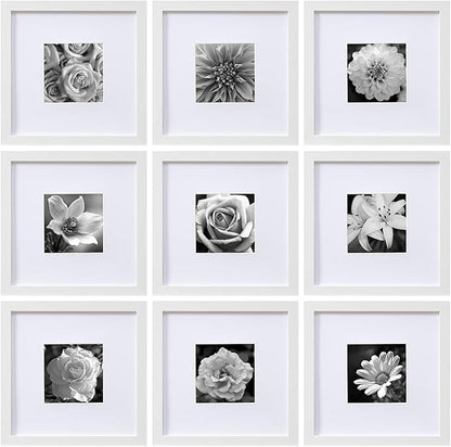 eletecpro 10x10 Picture Frames Set of 9 with Mat for 5x5 Photos or without Mat for 10x10, Square Gallery Wall Decor Collage for Picture Display, White Frame Set for Wall Hanging