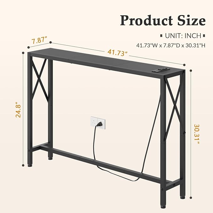Gewudraw 41.7" Console Table with Outlet, Narrow Behind Couch Sofa Table, Industrial Skinny Design for Hallway, Entryway, Living Room, Black