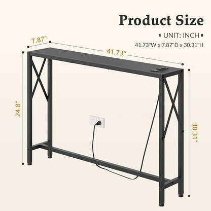 Gewudraw 41.7" Console Table with Outlet, Narrow Behind Couch Sofa Table, Industrial Skinny Design for Hallway, Entryway, Living Room, Black