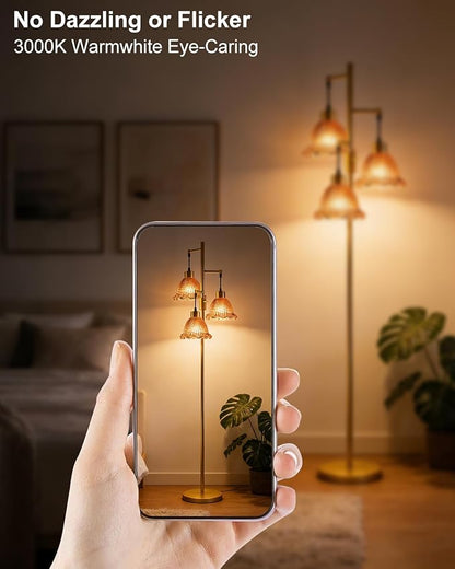3-Light Modern Glass Floor Lamp, Gold Standing Tall Lamp with Deep Red Lily Glass Shade for Reading, Dimmable LED Floor Lamp with 5Lbs Heavy Base for Living Room Bedroom Home Decor, Bulb Included