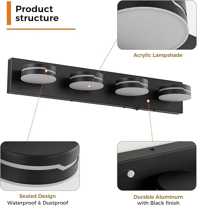 26In Motion Sensor Vanity Light, Matte Black 3CCT 4-Light Modern LED Bathroom Lighting Fixtures Over Mirror, Dimmable Rotatable Head Wall Sconce, 3000K-6000K Color Selectable