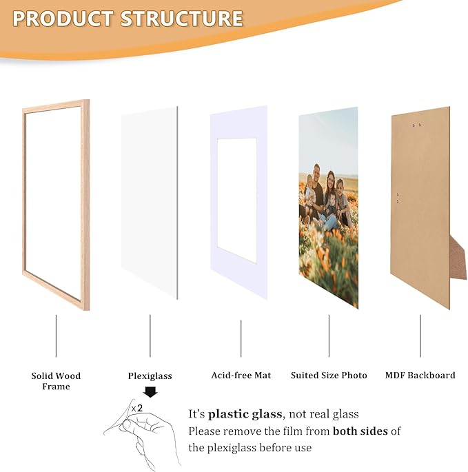 8x10 Picture Frame, OAK Wood Photo Frame 5x7 with Mat or 8x10 without Mat with Perspex Glass for Vertical or Horizontal Tabletop Wall Display for Photos, Paintings, Birthday Christmas Gift, Set of 4