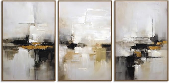 Neutral Abstract Wall Decor Mid Century Modern Framed Wall Art, Black and Brown Grunge Wabi Sabi Art Print Canvas Set for Home Office Living Room Bedroom, 3 Panels, 24x36 Inch, Ready to Hang