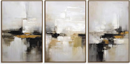 Neutral Abstract Wall Decor Mid Century Modern Framed Wall Art, Black and Brown Grunge Wabi Sabi Art Print Canvas Set for Home Office Living Room Bedroom, 3 Panels, 24x36 Inch, Ready to Hang