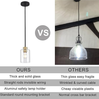 Modern 3 Pack Black Gold Pendant Lights for Kitchen Island, Brushed Brass Modern Hanging Light with Clear Glass Shade, Adjustable Metal Rod Pendant Lighting for Dining Room, Living Room, Bar, Entryway